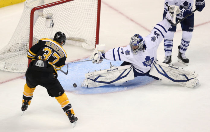 Somehow James Reimer stops this Patrice Bergeron shot