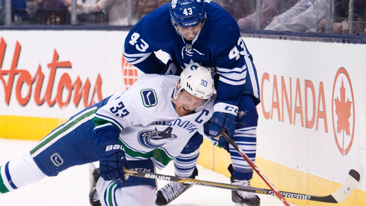 Nazem Kadri of the Toronto Maple Leafs battles Daniel Sedin of the Vancouver Canucks