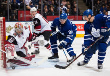 Auston Matthews and Zach Hyman of the Toronto Maple Leafs playing against the Arizona Coyotes