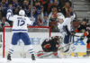 Patrick Marleau and Connor Brown of the Toronto Maple Leafs celebrate a goal agains the Anaheim Ducks