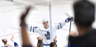 William Nylander of the Toronto Maple Leafs scores against the Edmonton Oilers