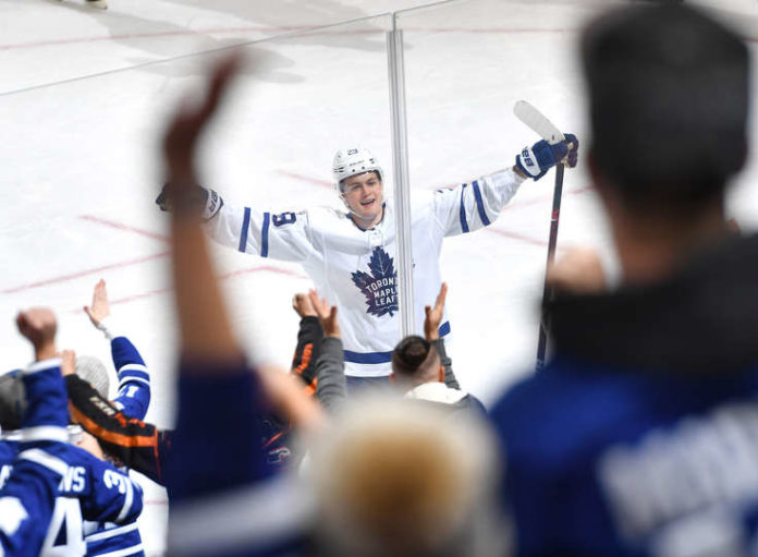 William Nylander of the Toronto Maple Leafs scores against the Edmonton Oilers