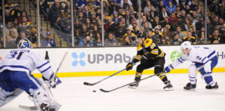 ron hainsey of the toronto maple leafs playing against the boston bruins