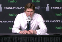 Mike Babcock addresses the media after Game 7 of the ECQG vs Boston Bruins