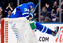 Auston Matthews celebrates as the Toronto Maple Leafs defeat the Washington Capitals