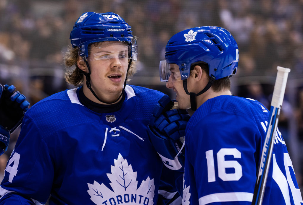 Kasperi Kapanen and Mitch Marner of the Toronto Maple Leafs