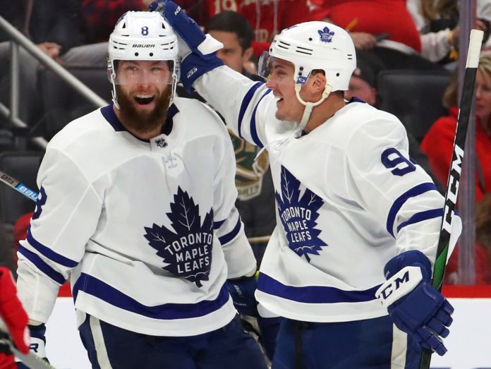 Jake Muzzin and Tyson Barrie of the Toronto Maple Leafs