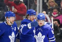 Auston Matthews, Morgan Rielly, William Nylander celebrate a Toronto Maple Leafs goal