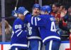 Auston Matthews, Morgan Rielly, William Nylander celebrate a Toronto Maple Leafs goal