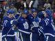 Toronto Maple Leafs celebrate, Auston Matthews, John Tavares, William Nylander, Morgan Rielly, Mitch Marner