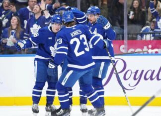 Matthew Knies, Mitch Marner & Auston Matthews celebrate Leafs goal