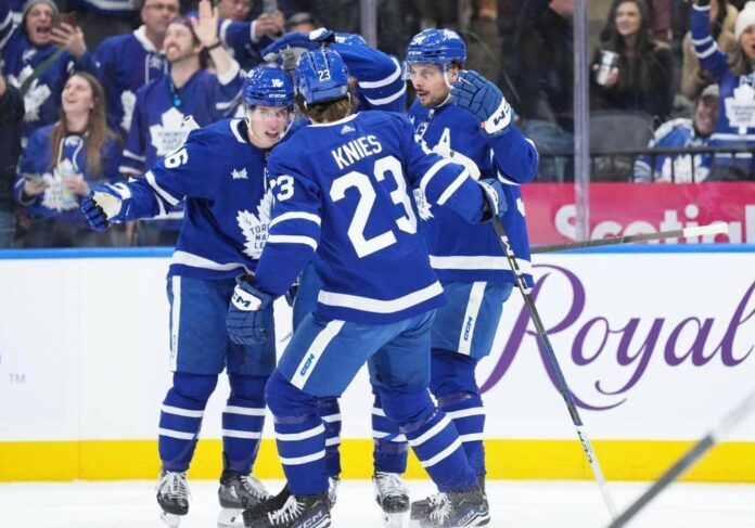 Matthew Knies, Mitch Marner & Auston Matthews celebrate Leafs goal Matthew Knies, Mitch Marner & Auston Matthews celebrate Leafs goal