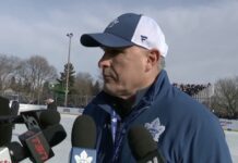 Craig Berube, Maple Leafs head coach at outdoor practice in Mimico