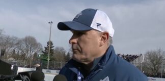 Craig Berube, Maple Leafs head coach at outdoor practice in Mimico