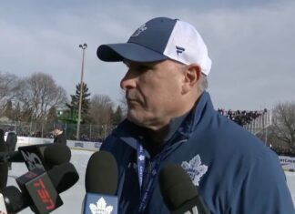 Craig Berube, Maple Leafs head coach at outdoor practice in Mimico