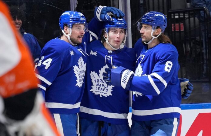 Auston Matthews, Matthew Kines, Chris Tanev, Maple Leafs Auston Matthews, Matthew Kines, Chris Tanev, Maple Leafs