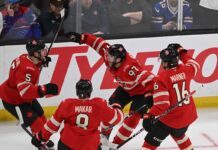 Mitch Marner, Connor McDavid, Cale Makar, Devon Toews celebrate Team Canada's 4 Nations win over Team USA