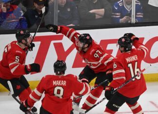 Mitch Marner, Connor McDavid, Cale Makar, Devon Toews celebrate Team Canada's 4 Nations win over Team USA