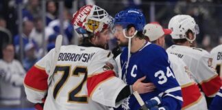 Sergei Bobrovsky on choosing the Maple Leafs: “It is a blessing to join this team… Toronto is the capital of hockey, in my mind” Auston Matthews, Sergei Bobrovsky, Maple Leafs vs. Panthers playoff handshake line