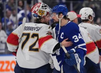 Sergei Bobrovsky on choosing the Maple Leafs: “It is a blessing to join this team… Toronto is the capital of hockey, in my mind” Auston Matthews, Sergei Bobrovsky, Maple Leafs vs. Panthers playoff handshake line