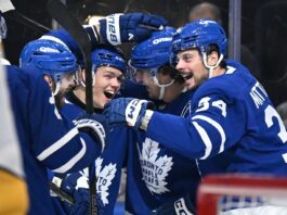 Easton Cowan, Auston Matthews, Matthew Knies, Toronto Maple Leafs