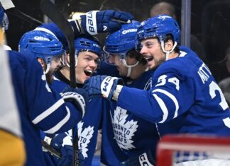 Easton Cowan, Auston Matthews, Matthew Knies, Toronto Maple Leafs