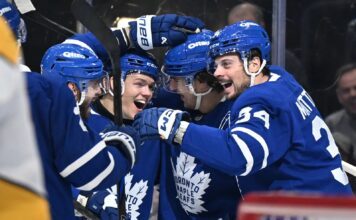 Easton Cowan, Auston Matthews, Matthew Knies, Toronto Maple Leafs