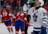 Dakota Mermis beer chug after Toronto Marlies' playoff victory over Laval