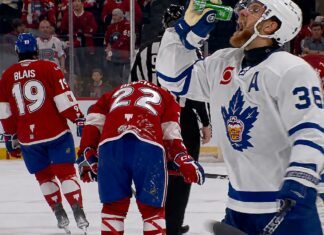 Dakota Mermis beer chug after Toronto Marlies' playoff victory over Laval